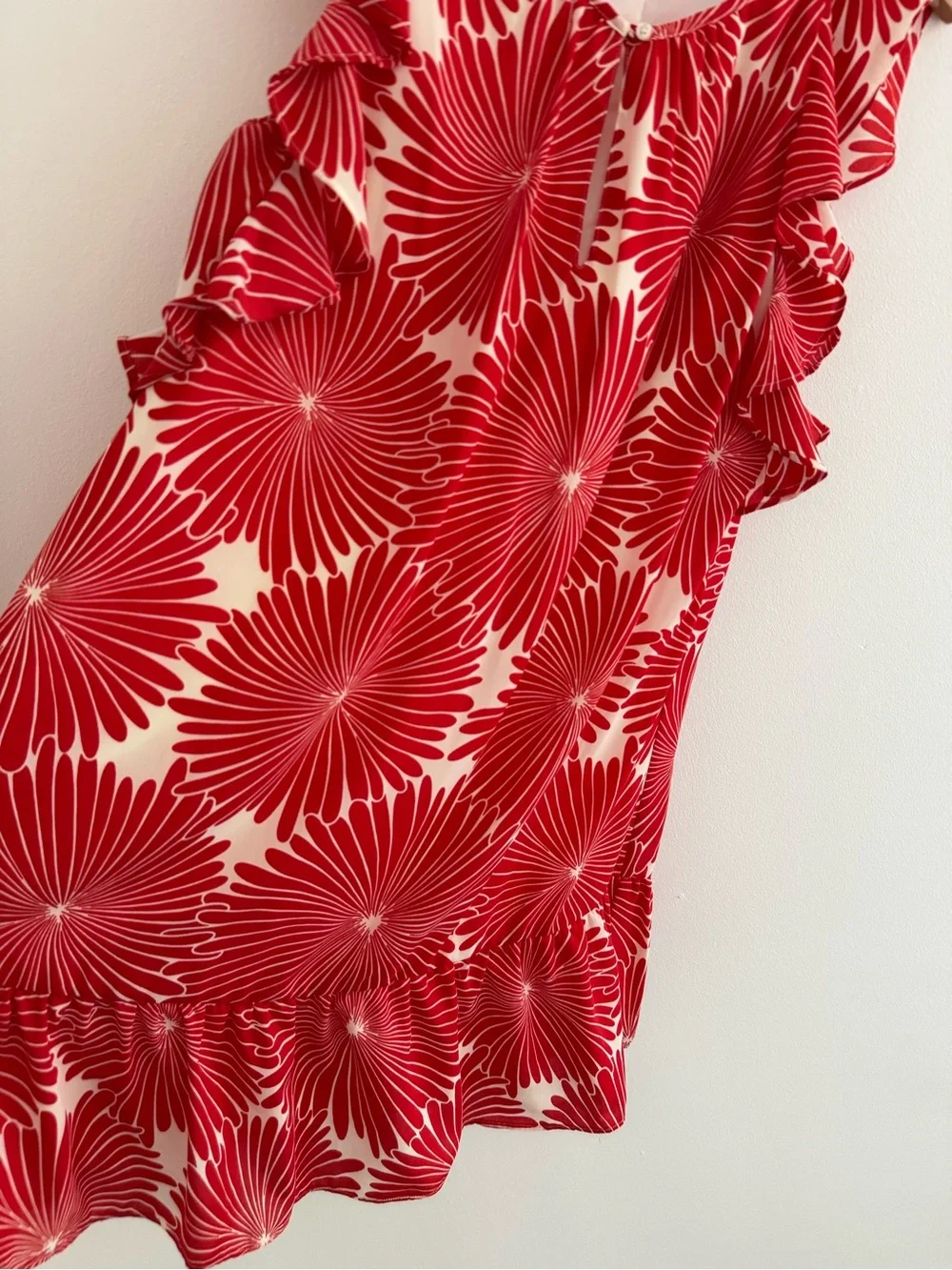 J. Crew Red Floral Tropical Resort Flutter Sleeve Ruffle Hem Mini Dress Small